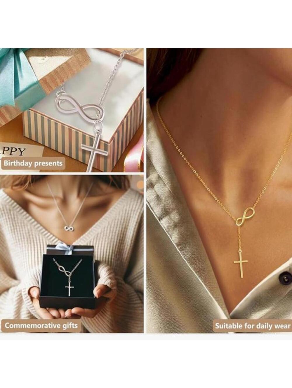 Silver Toned Metal Cross Infinity Necklace Women's Jewelry Minimalist Gift - Picture 3 of 10